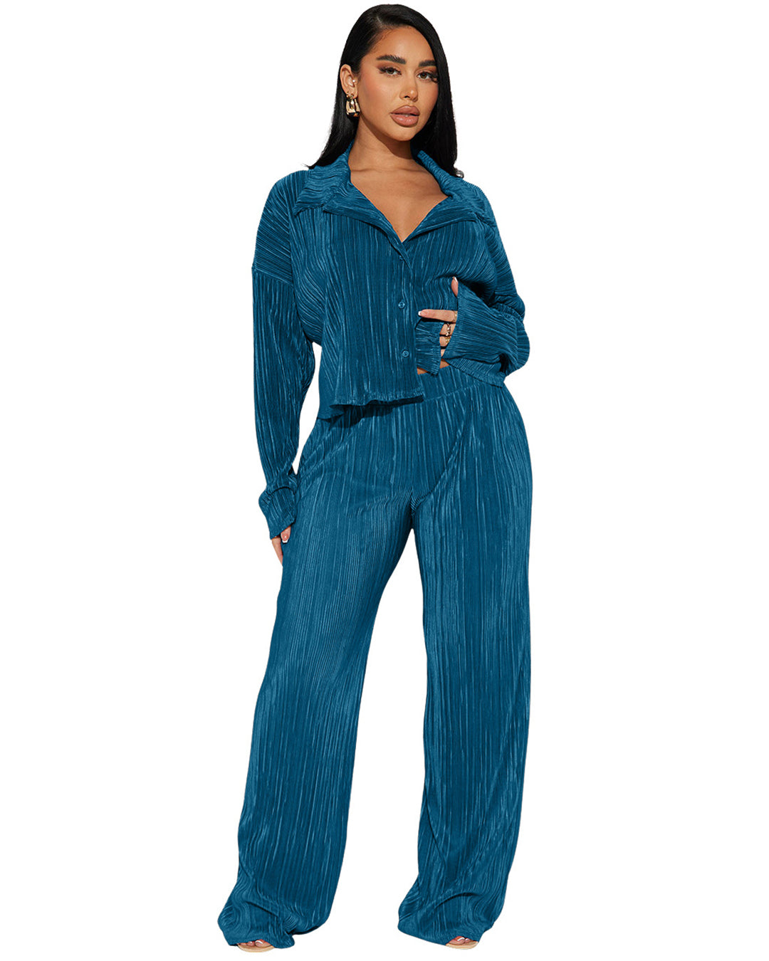 Long Sleeve Pleated Top & Casual Trousers Set S Blue 