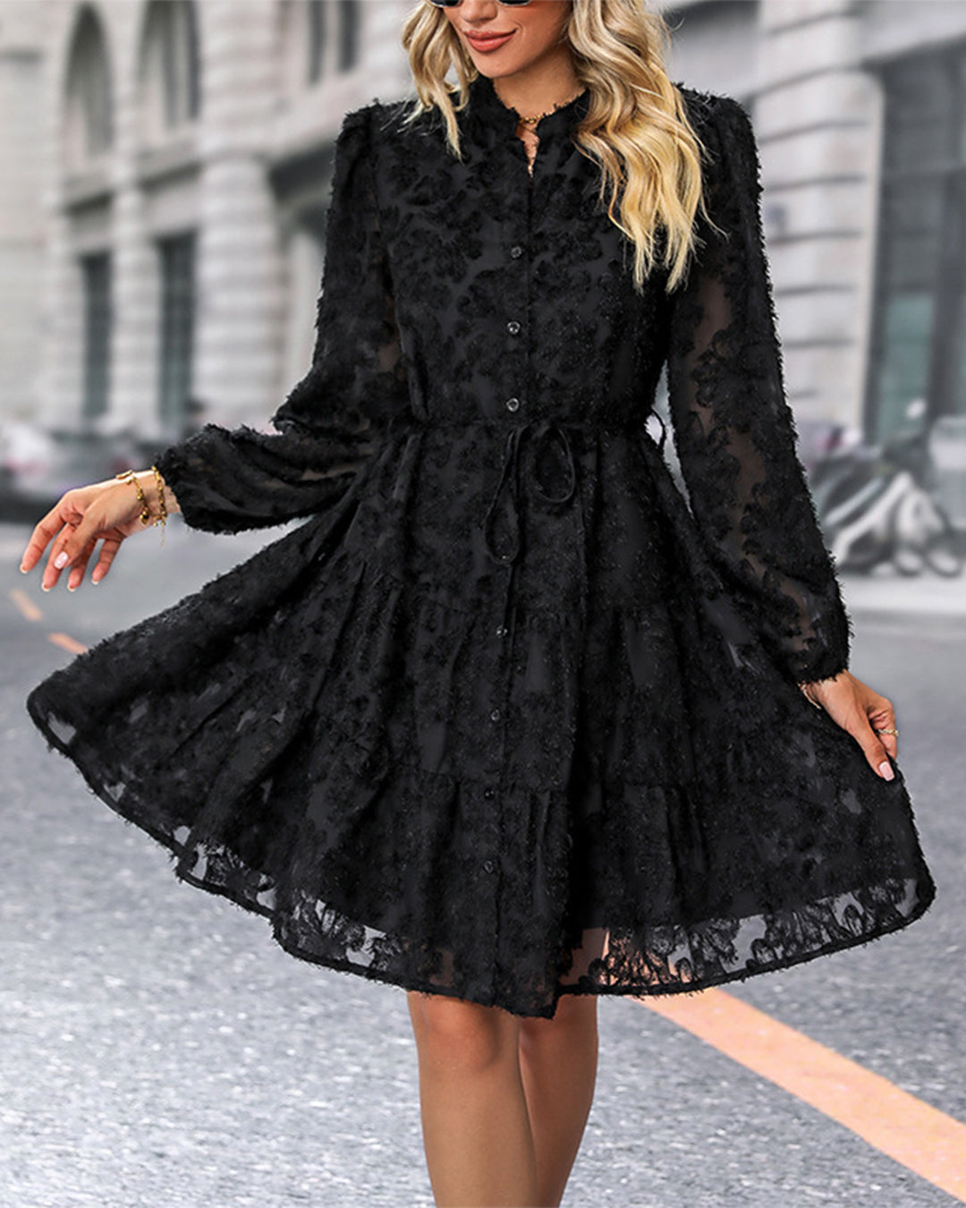 Long Sleeve Belted Button Dress S Black 