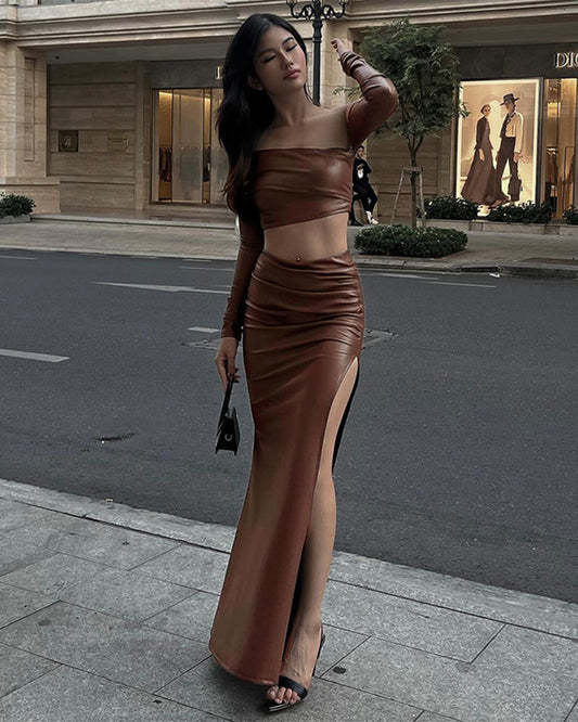 Faux Leather Top & Split Skirt Set
