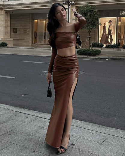 Faux Leather Top & Split Skirt Set   