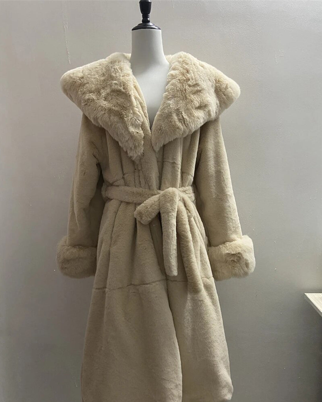 Belted Faux Fur Lapel Coat Beige S 