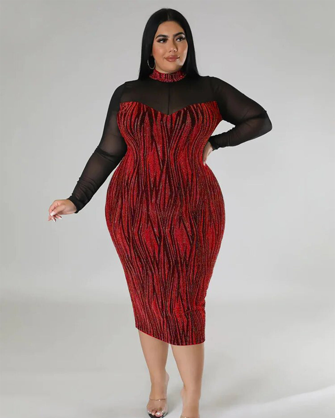 Plus Size See Through Mesh Patchwork Dress Red L 