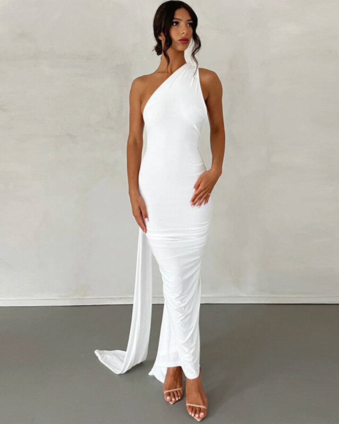 Backless Pleated Slim Temperament Dress White S 