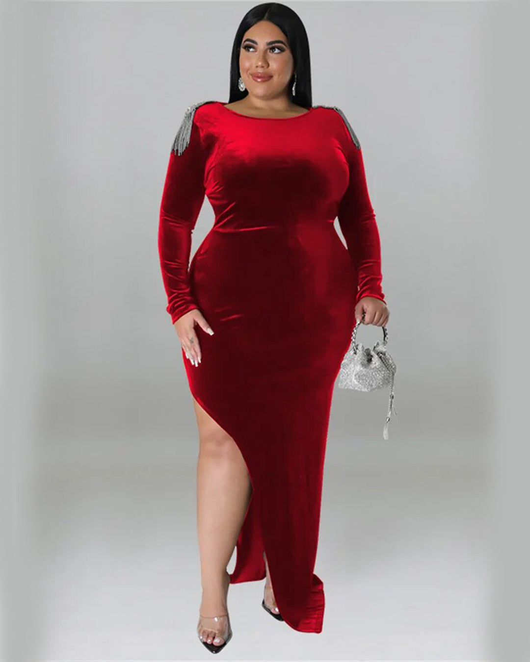 Plus Size Hollow Out Tassel Velvet Dress Red XL 