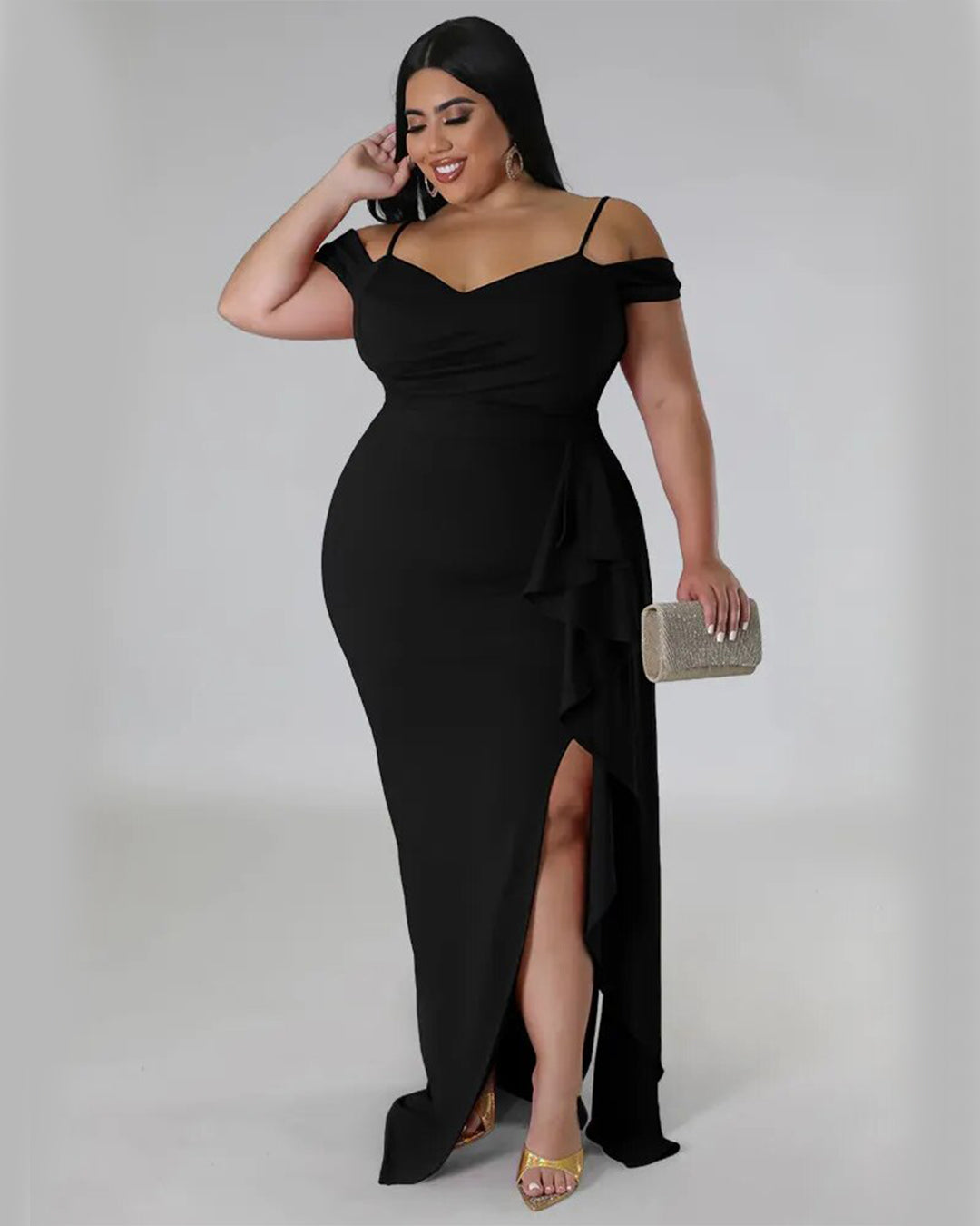 Plus Size Off Shoulder Slip Hem Dress Black L 