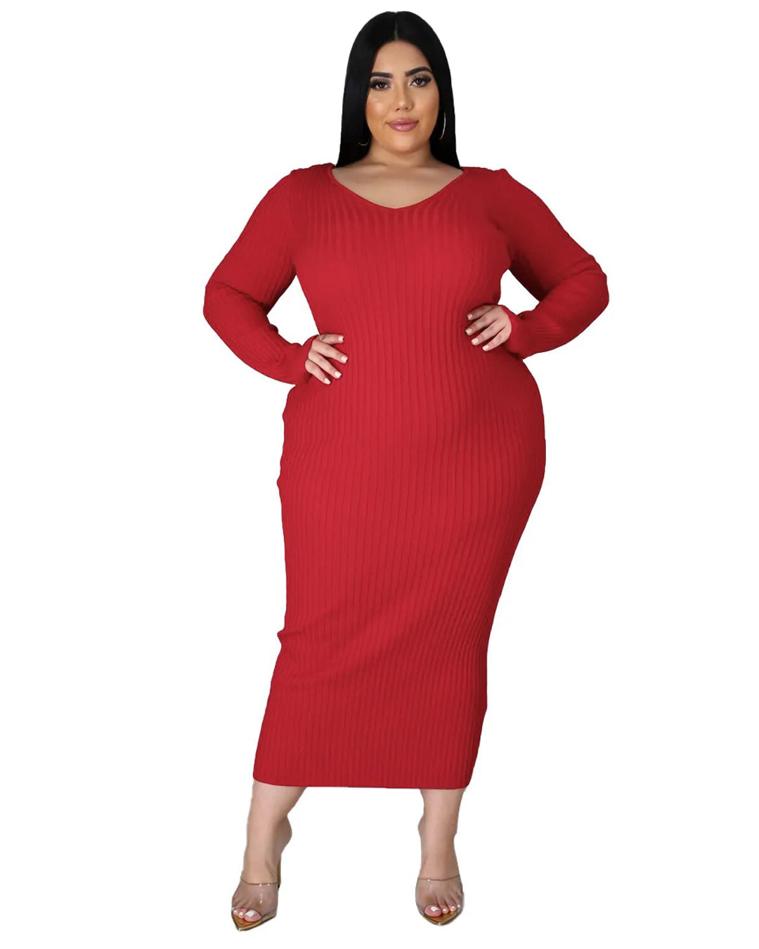 Plus Size Solid Color Knitted Dress Red L 