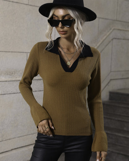 Pullover Bell Sleeve Collared Sweater   