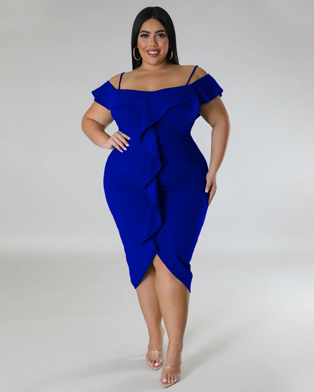Plus Size Solid Color Off Neck Midi Dress L Blue 