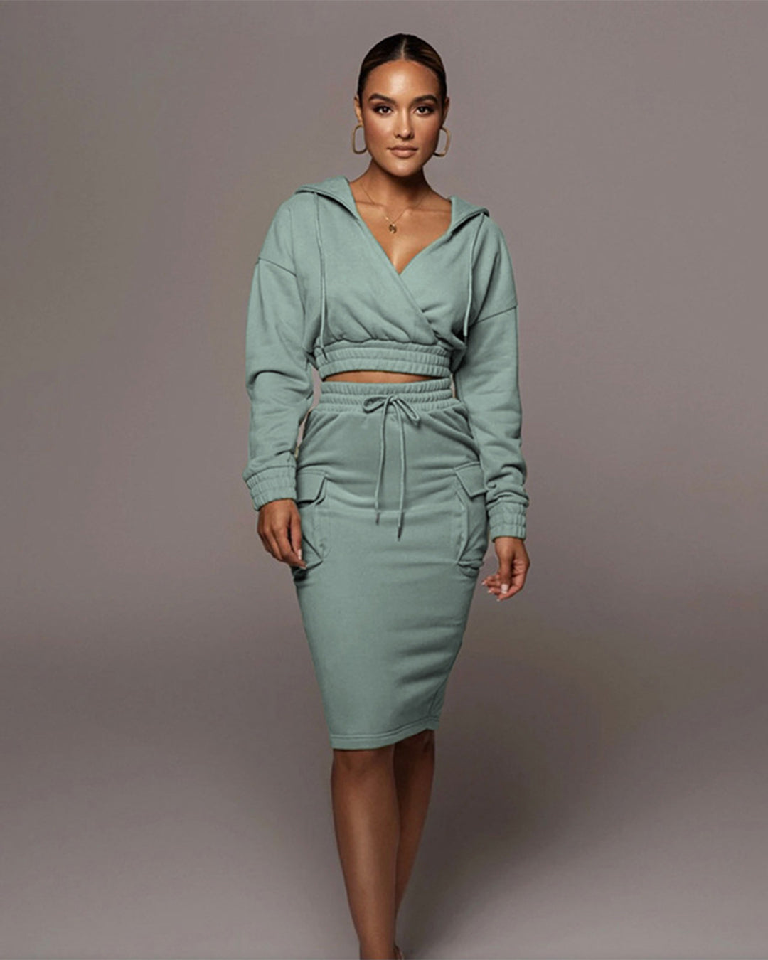 V Neck Hooded Long Sleeve Sweatshirt & Skirt Set XS Blue 