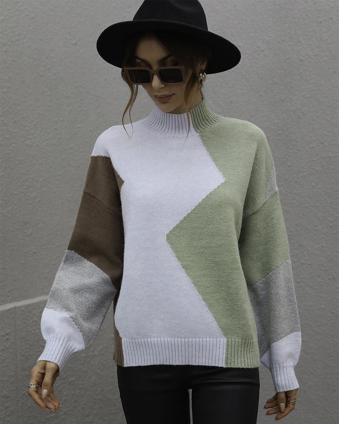 Loose Color Block Crew Neck Pullover Sweater S Green 