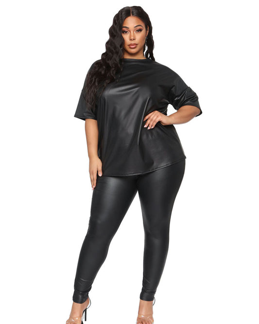 Plus Size Leather Short Sleeve Shirt & Slim Trousers Set M Black 