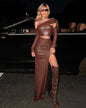 Faux Leather Top & Split Skirt Set S Coffee Top 