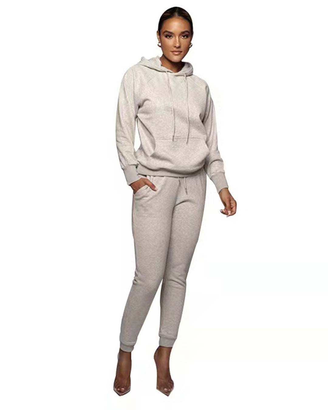 Hooded Pullover Trousers & Long Sleeve Sweater Set Grey XS 