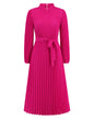 Stand Collar Puff Sleeve Pleated Slim Dress M Pink