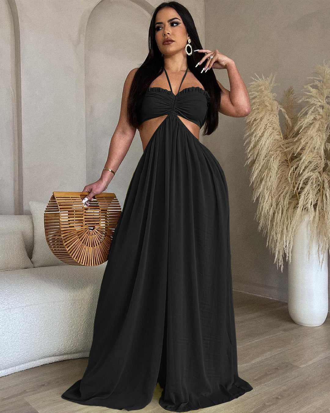 Chiffon Chest Wrapped Jumpsuit S Black 