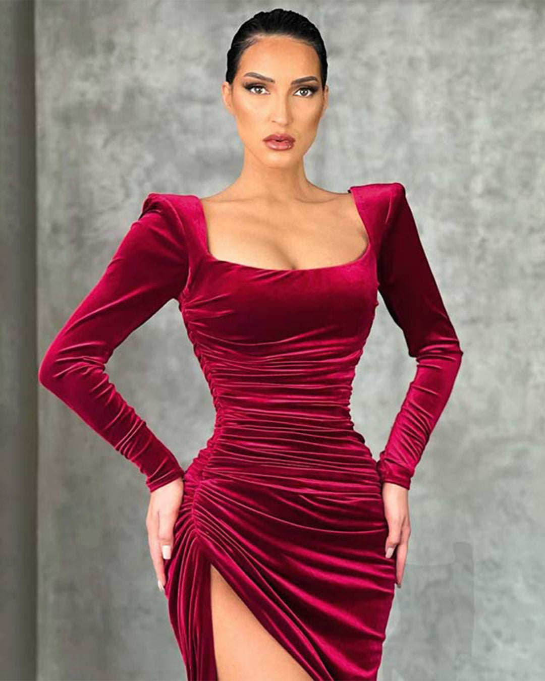 Square Neck Fold High Waist Tuxedo Dress S Burgundy 