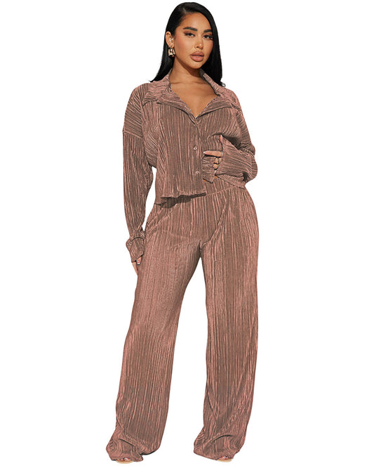 Long Sleeve Pleated Top & Casual Trousers Set   