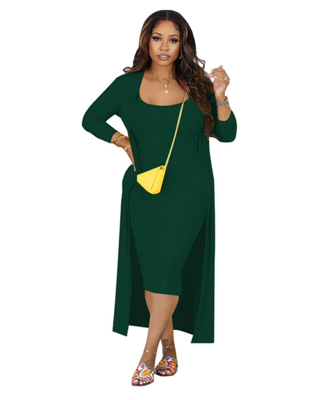 Long Sleeved Coat & U Neck Dress Set S Blackish Green 