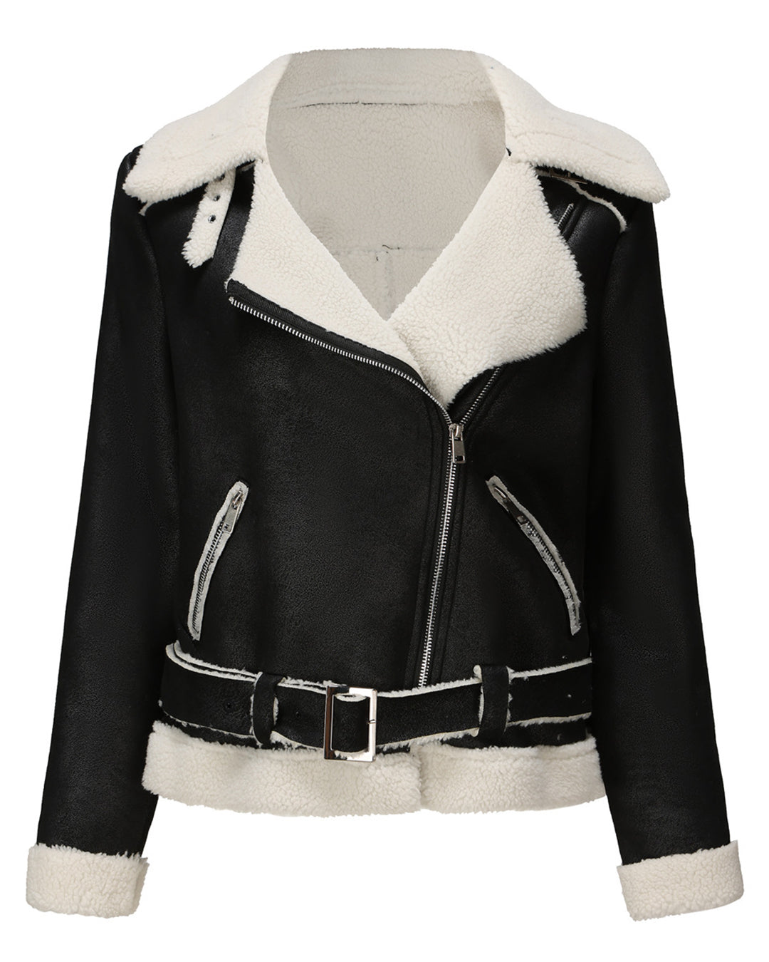 Faux Shearling Suede Fabric Leather Jacket   