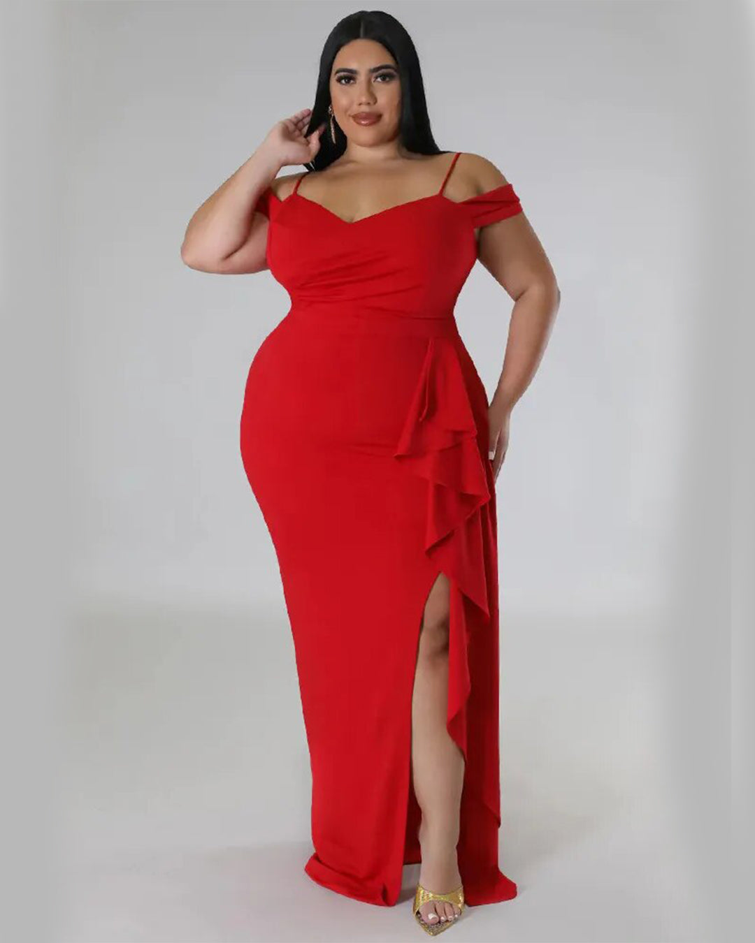 Plus Size Off Shoulder Slip Hem Dress Red L 