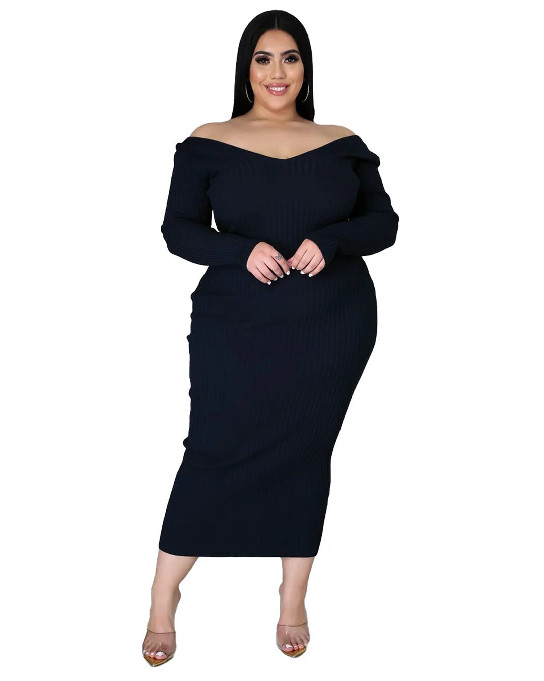 Plus Size Solid Color Knitted Dress Black L 