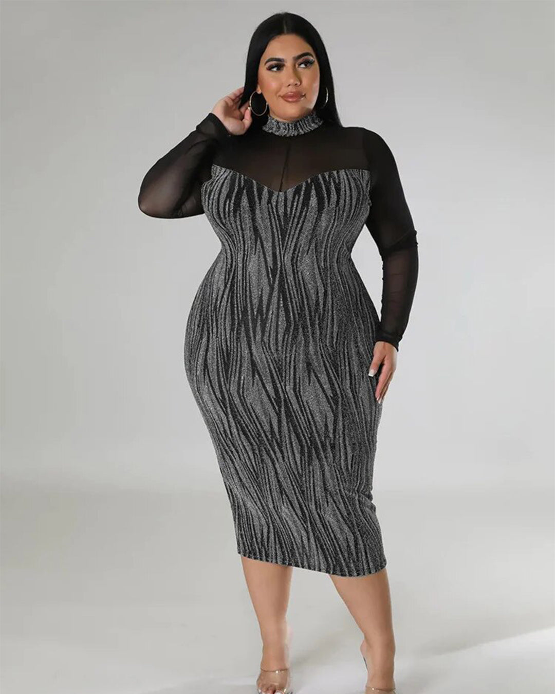 Plus Size See Through Mesh Patchwork Dress Silver L 