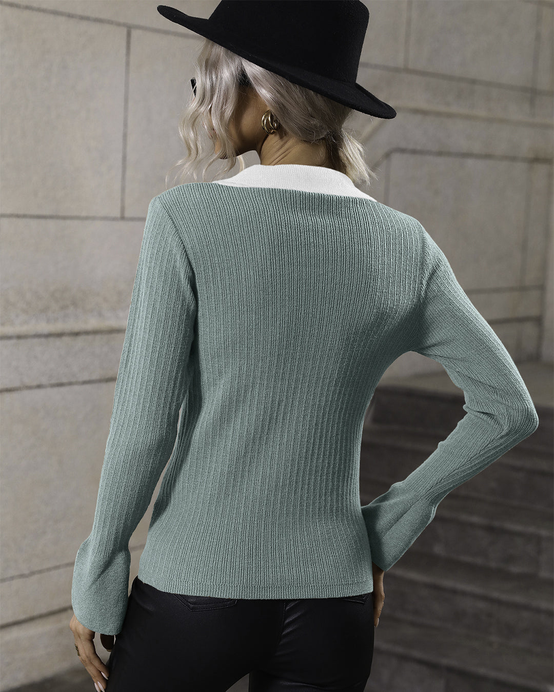 Pullover Bell Sleeve Collared Sweater   