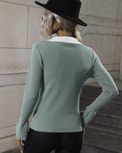 Pullover Bell Sleeve Collared Sweater   