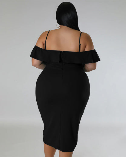 Plus Size Solid Color Off Neck Midi Dress   