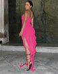 Mesh Patchwork Ruffled Slit Dress S Pink 