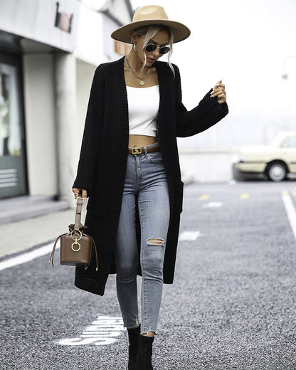 Solid Color Knitted Pocket Coat   