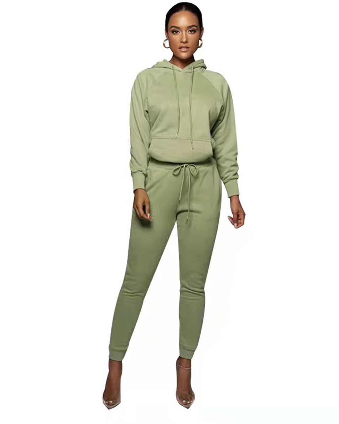 Hooded Pullover Trousers & Long Sleeve Sweater Set Green XS 