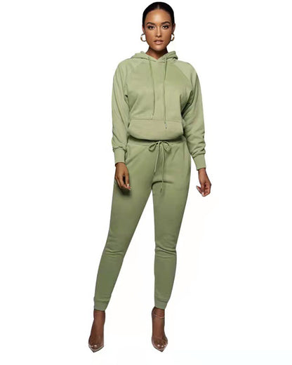 Hooded Pullover Trousers & Long Sleeve Sweater Set Green XS 