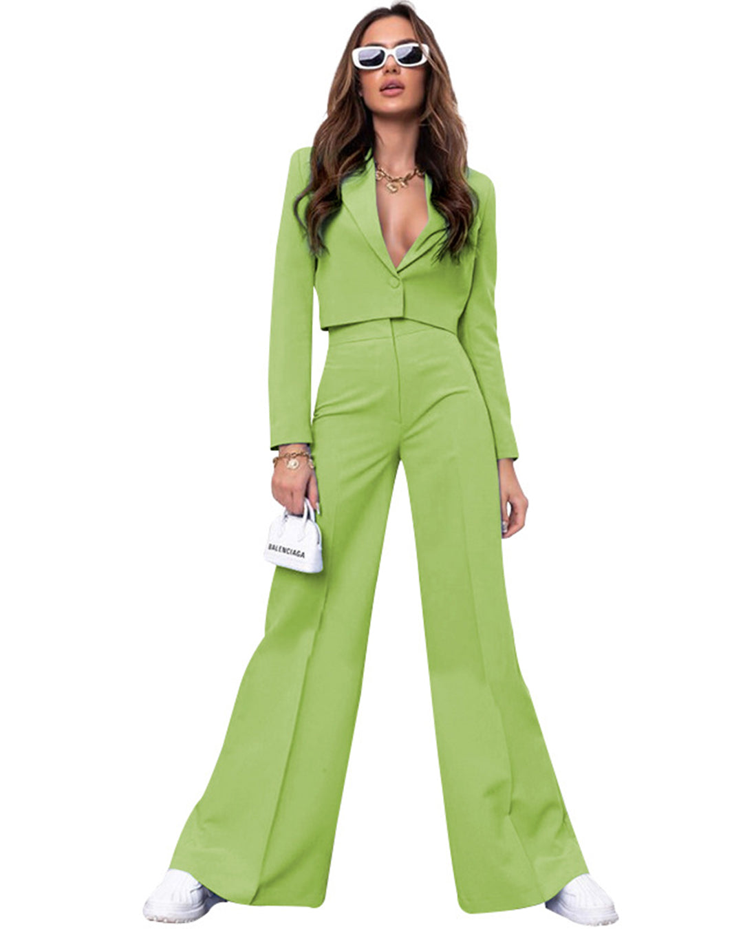 Long Sleeve Top & Wide Leg Pants Set S Fluorescent Green 