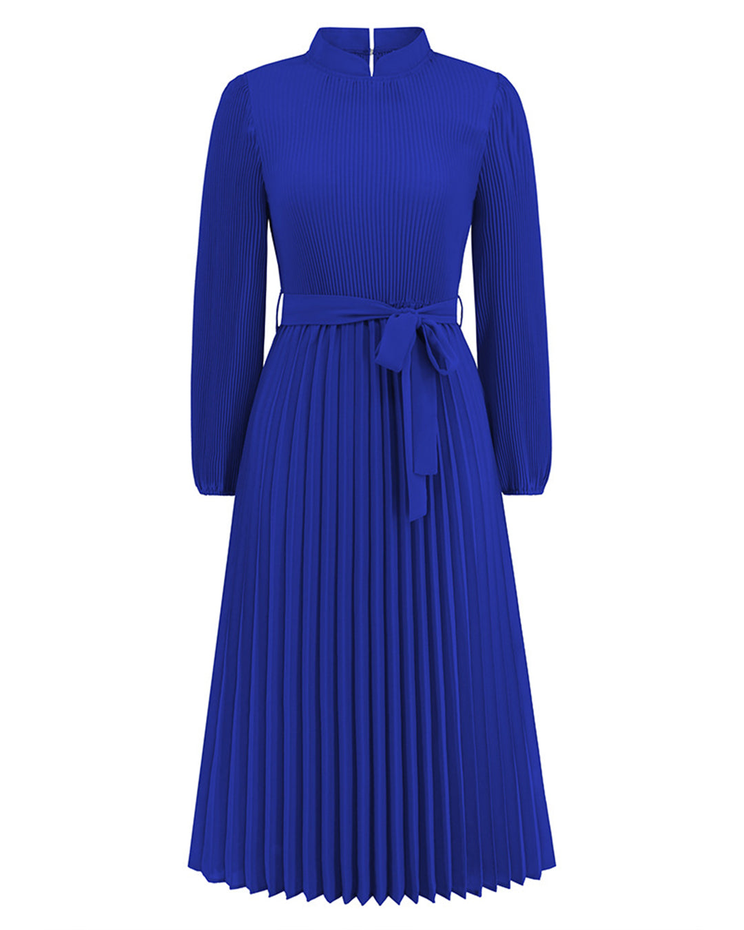 Stand Collar Puff Sleeve Pleated Slim Dress S Blue 