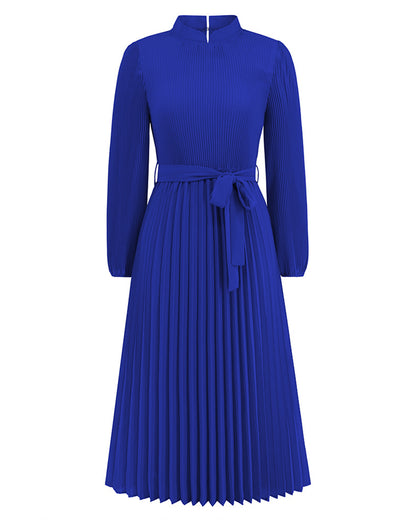 Stand Collar Puff Sleeve Pleated Slim Dress S Blue 