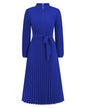 Stand Collar Puff Sleeve Pleated Slim Dress S Blue 