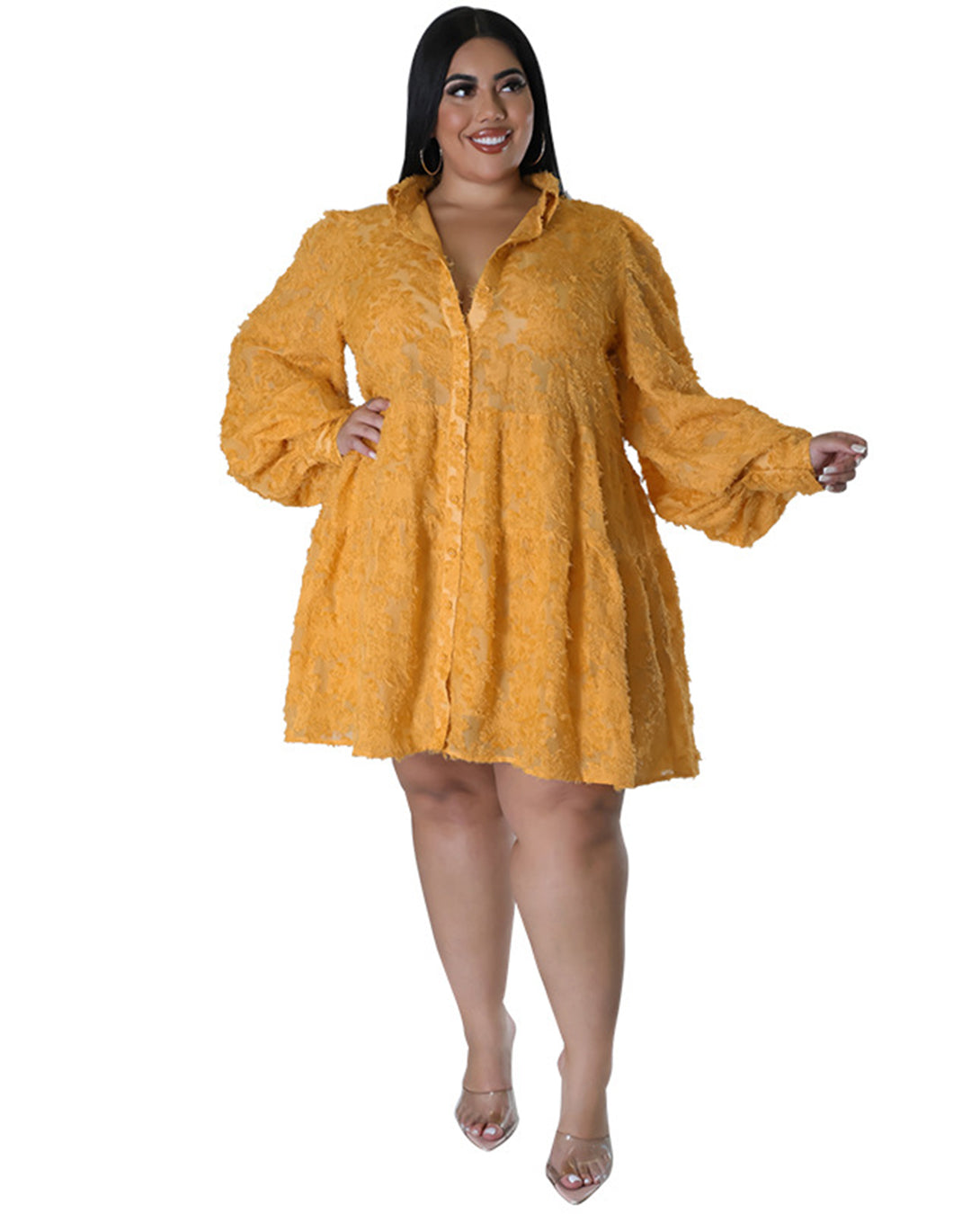 Plus Size Small Chrysanthemum Long Sleeve Dress 1XL Yellow 