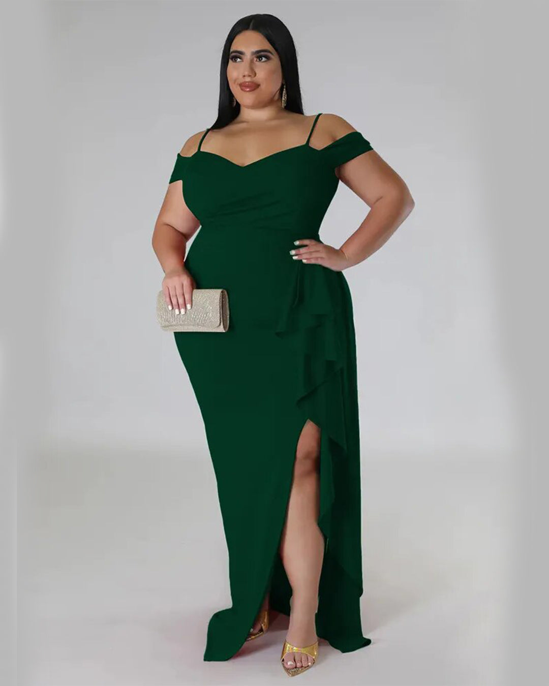 Plus Size Off Shoulder Slip Hem Dress Green L 