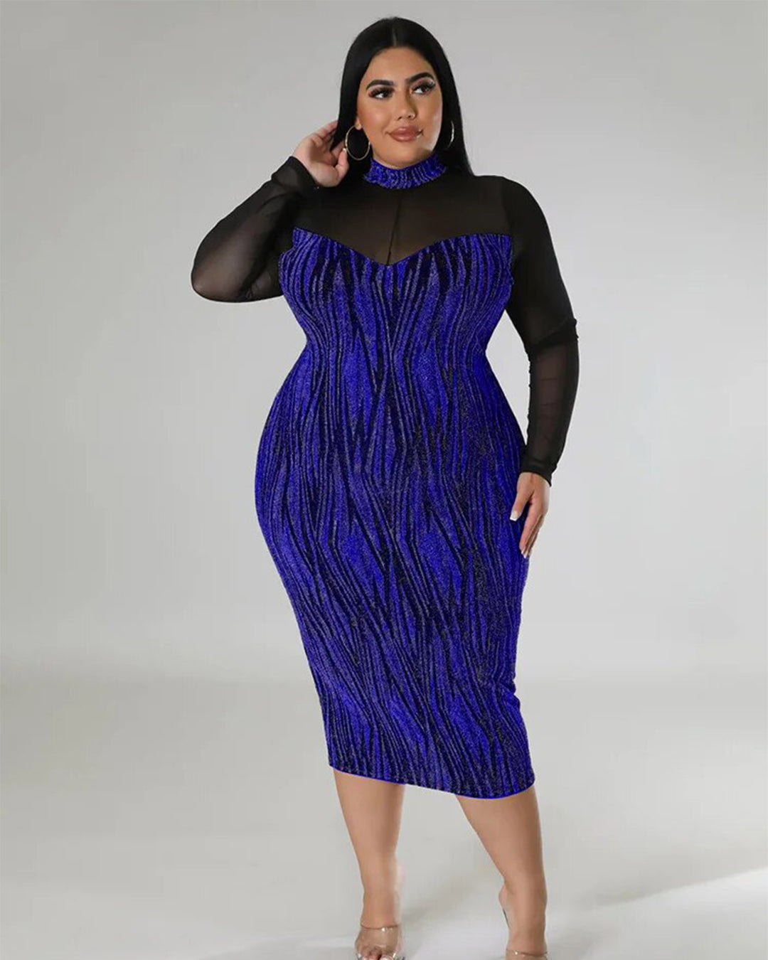 Plus Size See Through Mesh Patchwork Dress Blue L 