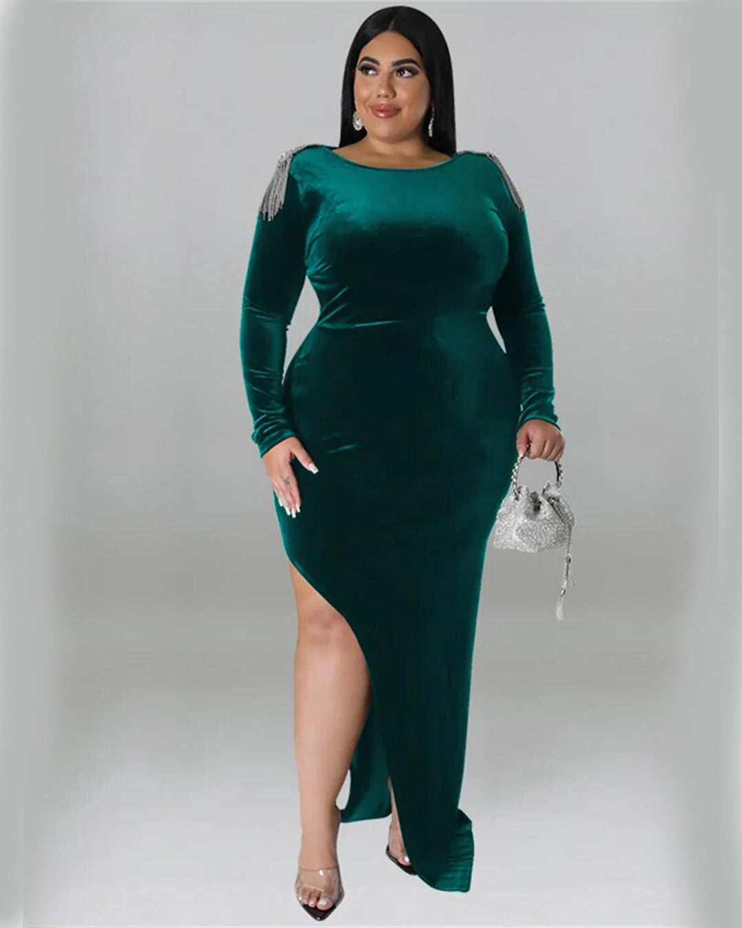 Plus Size Hollow Out Tassel Velvet Dress Green XL 