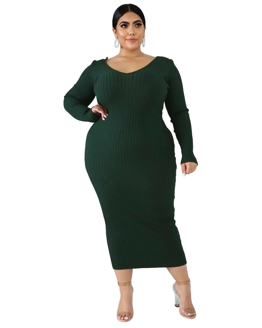 Plus Size Solid Color Knitted Dress Dark Green L 