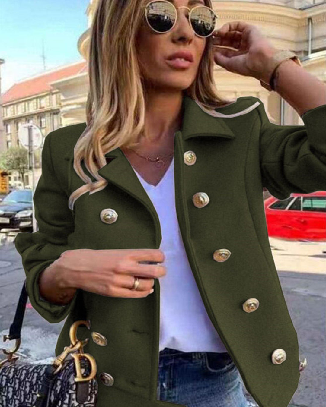 Slim Long Sleeve Double Breasted Woolen Jacket S Army Green 