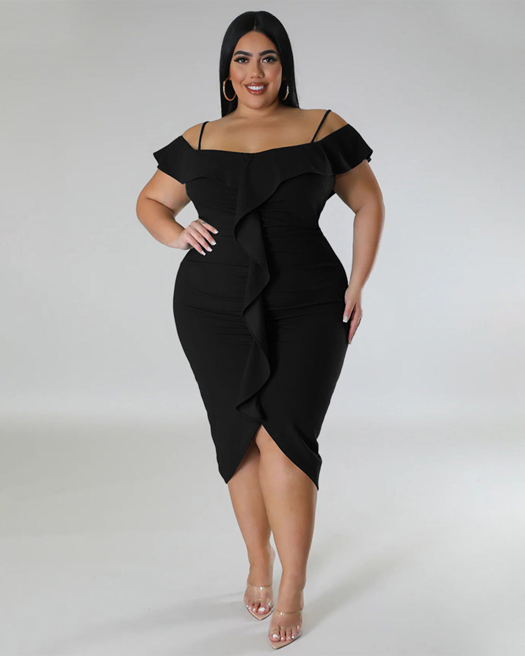 Plus Size Solid Color Off Neck Midi Dress L Black 
