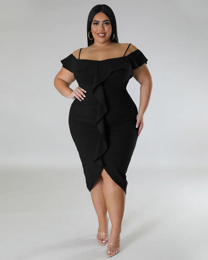 Plus Size Solid Color Off Neck Midi Dress L Black 