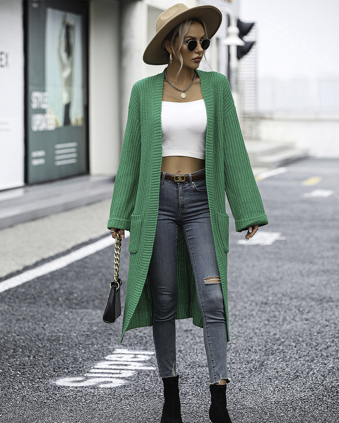 Solid Color Knitted Pocket Coat   