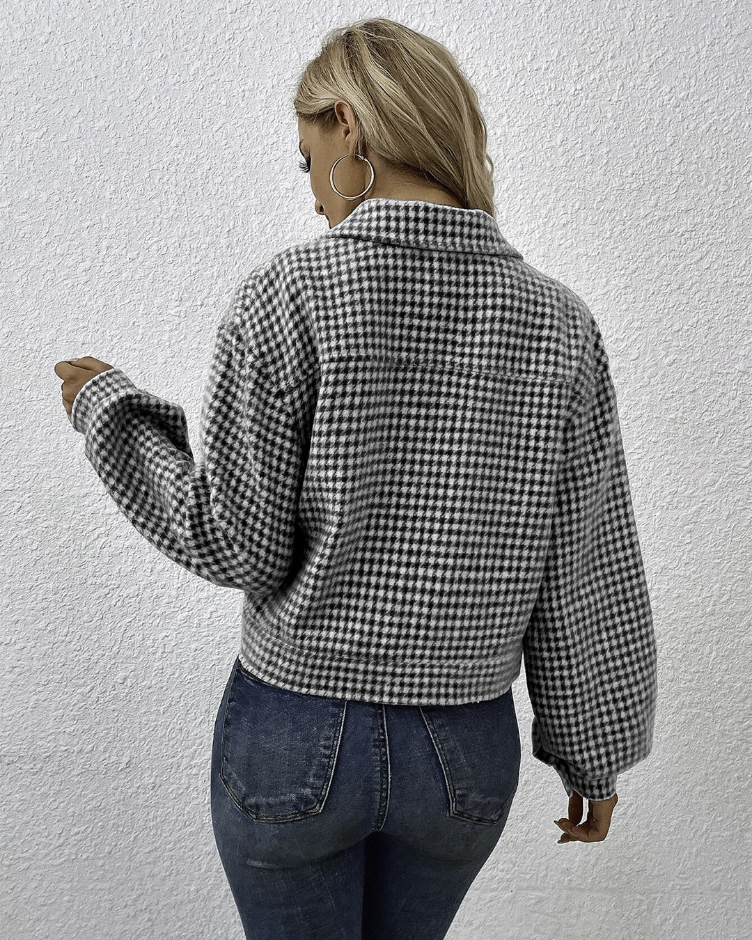 Collared Single Breasted Houndstooth Jacquard Coat   