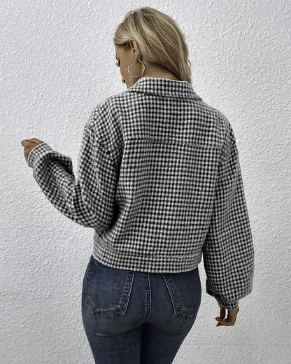 Collared Single Breasted Houndstooth Jacquard Coat   