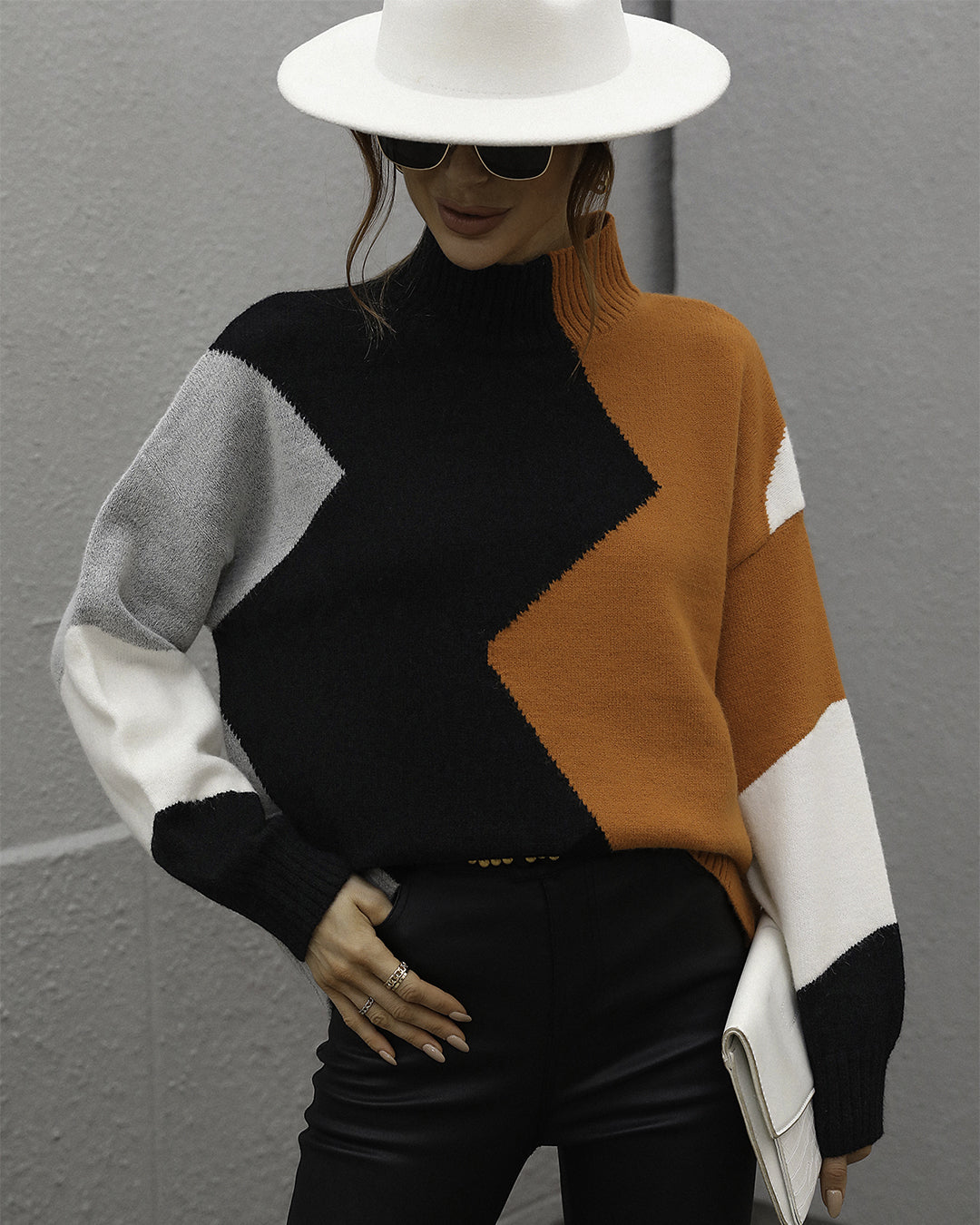 Loose Color Block Crew Neck Pullover Sweater   