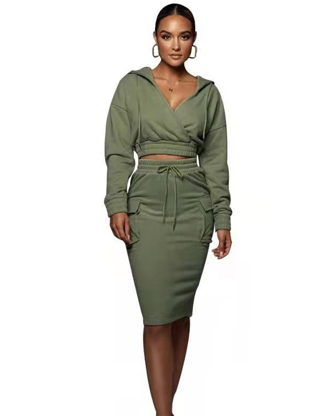 V Neck Hooded Long Sleeve Sweatshirt & Skirt Set XS Green 